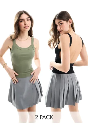 Miss Selfridge 2 pack backless ribbed vest top in black and khaki