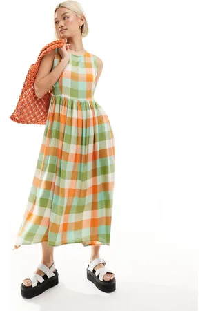 Native Youth Gingham midaxi smock dress in green and orange