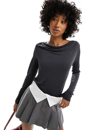 Monki Super soft long sleeve boat neck top in charcoal