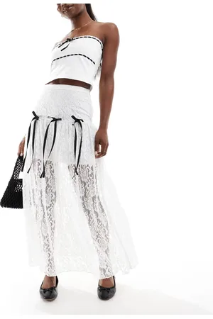 Miss Selfridge Lace bow detail tiered maxi skirt in ivory