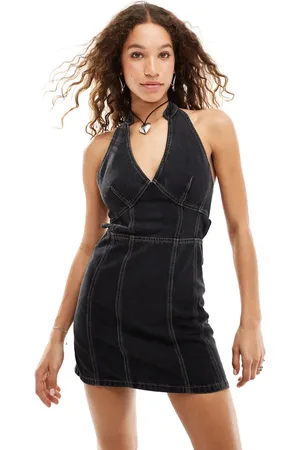 COLLUSION High neck corset seam detail denim mini dress in washed back