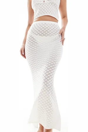 In The Style Exclusive crochet knit textured fishtail maxi beach skirt co-ord in cream