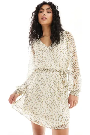VILA Tie waist v neck mini dress with sheer sleeves in cream spot