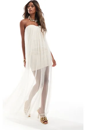 Lace & Beads Bandeau tulle maxi dress in ecru