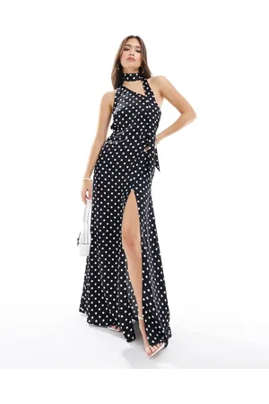 Style Cheat One shoulder satin maxi dress with neck tie in mono spot
