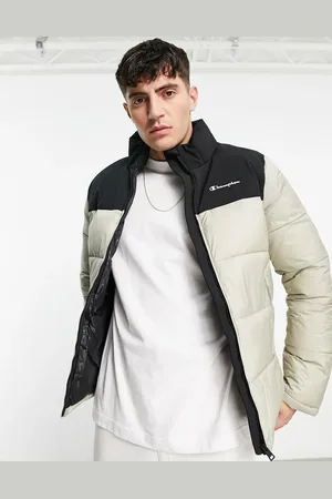 Champion Small logo puffer jacket in stone/ Black