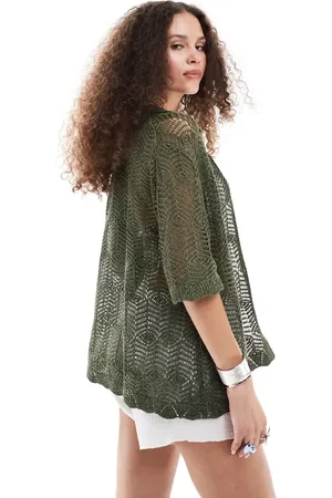 Monki Short sleeve button down crochet knit shirt in