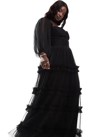 Lace & Beads Long sleeve ruffle tulle maxi dress in