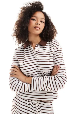 VERO MODA Jersey polo top co-ord in cream and stripe