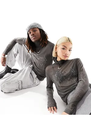 Weekday Unisex mesh high neck long sleeve t-shirt with rhinestone graphics in charcoal exclusive to ASOS