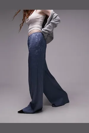 Topshop Crinkle satin wide leg pull on trouser in air force