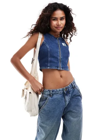 Calvin Klein Zip crop denim top in dark wash