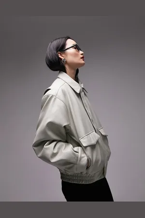 Topshop Faux leather bomber jacket in sage