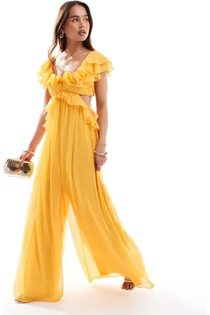 ASOS Ruffle off the shoulder cut out wide leg jumpsuit in mustard