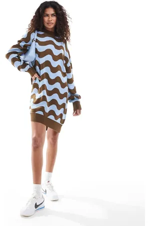 Monki Oversized knitted mini dress in brown and blue wave pattern jacquard