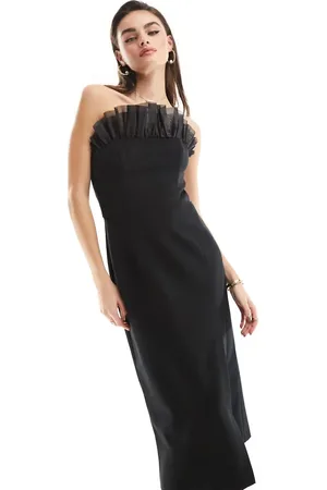 French Connection Echo organza mix frill bandeau midi dress with thigh split in