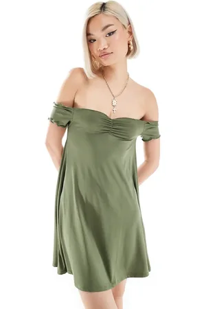 Monki Drapey jersey off shoulder mini dress in khaki