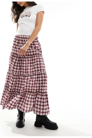 Bershka Tiered maxi skirt in burgundy check