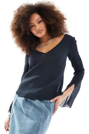 Weekday Sophia sheer blouse with open back in Navy