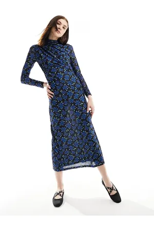Ghospell Long sleeve stretch midi dress in cobalt floral