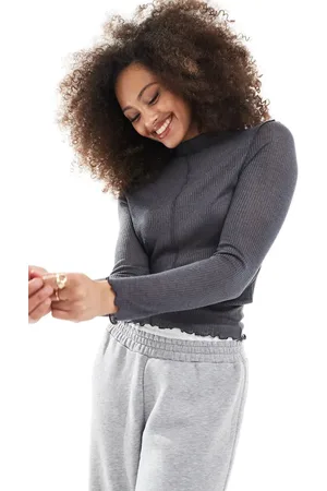 Pimkie Seam detail high neck lettuce edge top in charcoal