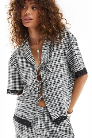 Reclaimed Tie up gingham shirt with lace trim