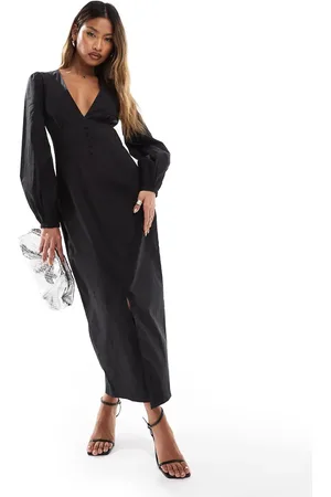 Kaiia Volume sleeve plunge neck button detail maxi dress in