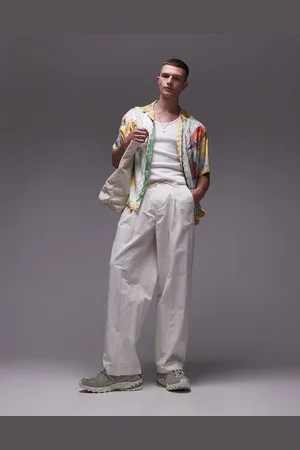 Topman Premium wide leg paper bag trousers in ecru