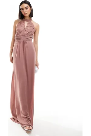 TFNC Bridesmaids halterneck maxi dress with lace detail in mauve