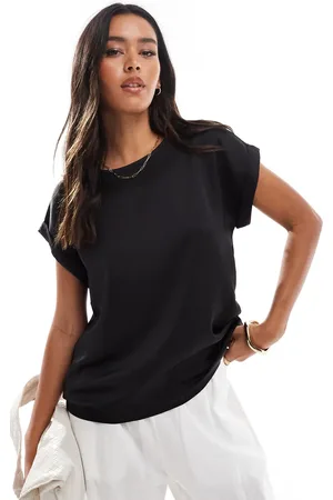 VILA Satin front t-shirt with turn up sleeve in