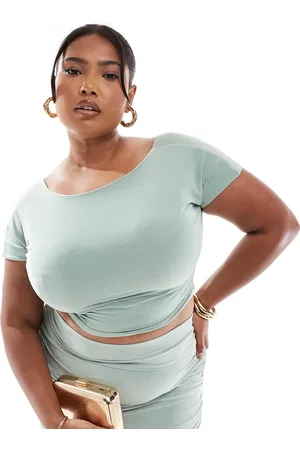 Kaiia Plus slinky wide neck top co-ord in sage