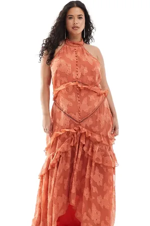 ASOS ASOS DESIGN Curve lace insert jacquard halter tiered maxi dress with circle trim in rust