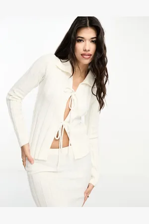 Kaiia Knitted tie front collared top co-ord in cream