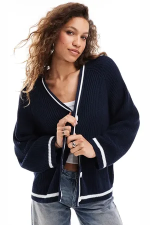 Monki Cable knit boxy button front cardigan in stripe