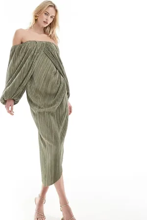 ASOS ASOS DESIGN Tall plisse overlay midi dress with open back detail in soft khaki