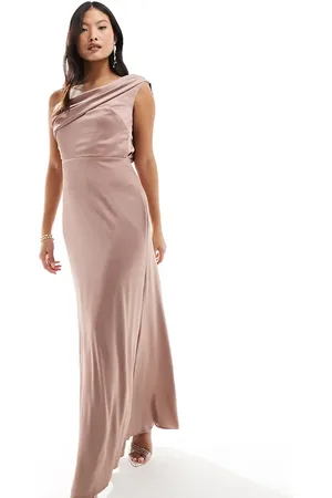 TFNC Bridesmaid satin one shoulder drape maxi dress in rose