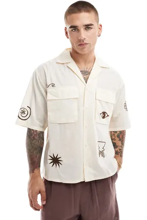 Only & Sons Revere collar shirt with doodle print in beige