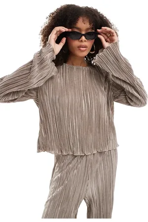 Pieces® Plisse flared sleeve top co-ord in stone