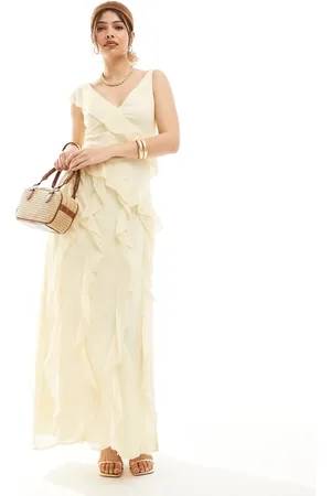Pretty Lavish Asymmetric ruffle drape midaxi dress in butter lemon