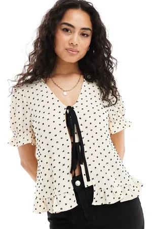 Y.A.S Y.A.S textured dobby tie front blouse in cream and black