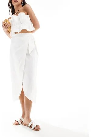 MANGO Wrap front linen skirt in