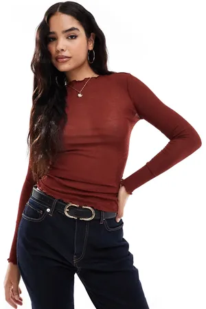 VERO MODA Fine jersey long sleeve lettuce edge top in brick