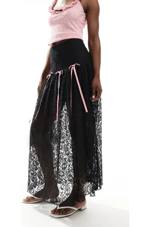 Miss Selfridge Lace bow detail tiered maxi skirt in