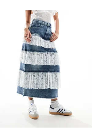 The Ragged Priest Tiered maxi skirt in dirty wash denim with lace trim