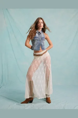 Miss Selfridge Jersey sheer lace godet maxi skirt in cream