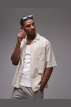 Topman Short sleeve gingham seersucker shirt in ecru