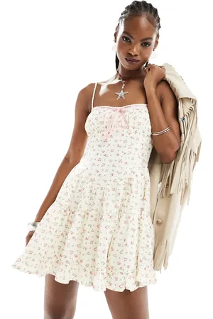 Kiss The Sky Bustier mini dress with lace detail and ribbon tie in floral