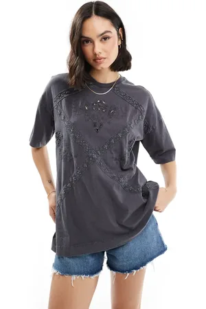 Miss Selfridge Lace embroidered oversized t-shirt in charcoal acid wash