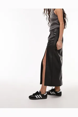 Topshop Leather look ruched side midi skirt in