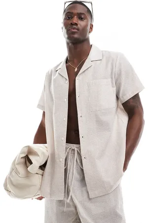 South Beach Seersucker beach shirt co-ord in beige and cream stripe
